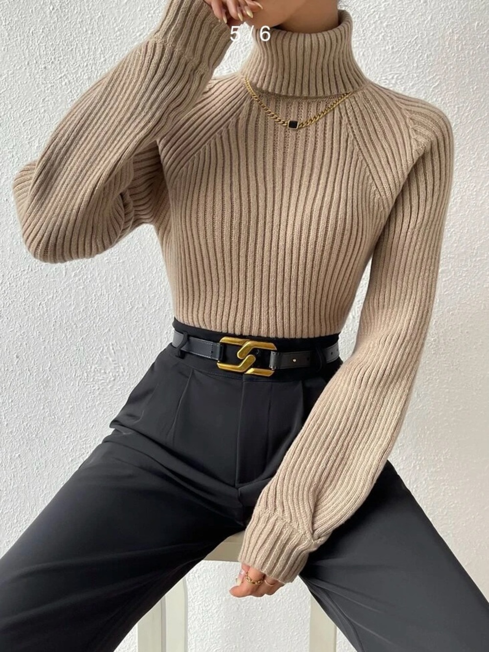Turtleneck Raglan Sleeve Ribbed Knit Sweater - Picture 3 of 7